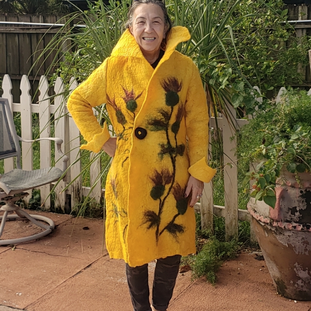 Hand Felted yellow women coat ,  felt coat, wearable art, designer wool coat